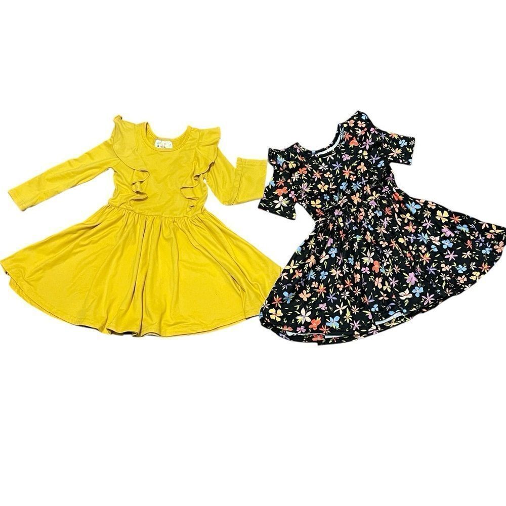 Dot Dot Smile 2 Twirl Ruffle Dresses Mustard Mustard Yellow and Black Floral 2T